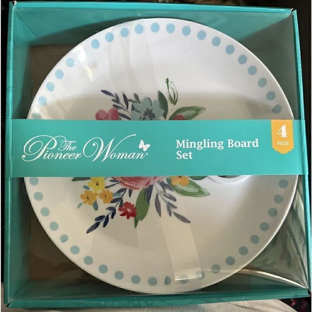 Pioneer Woman Mingling Board Plate Set 4 Appetizer Plates ( Holds Wine Glass)